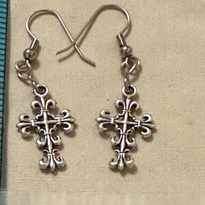 Fleur de Lis Cross Earrings Stainless Steel Hand Crafted Dangle 2” Long